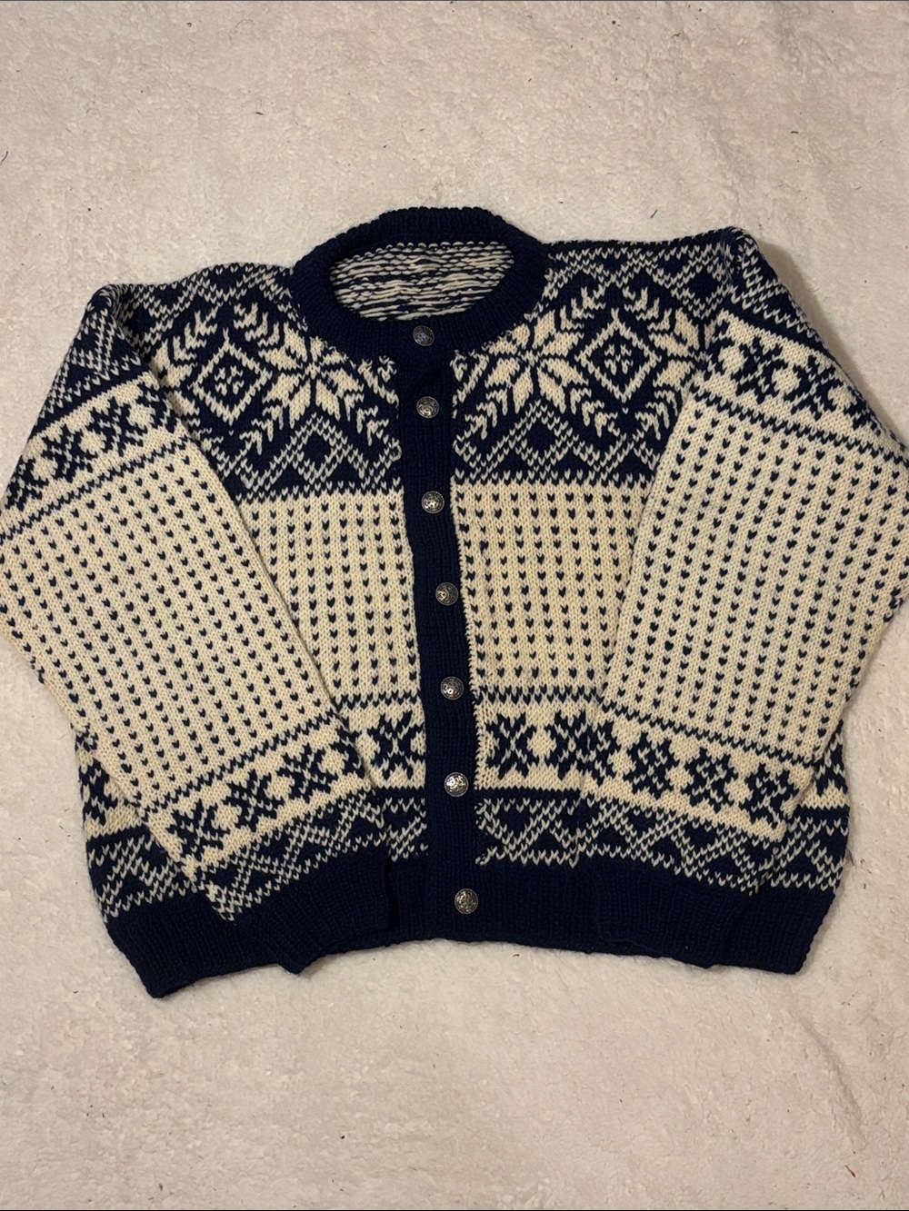 Navy and Cream Nordic-Pattern Button Cardigan Sweater sz L/XL